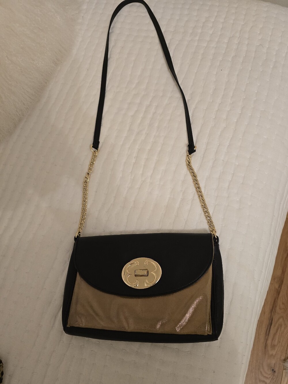 Navy and Metallic Gold Leather Purse with Chain Strap. Versatile Use By EMMA FOX